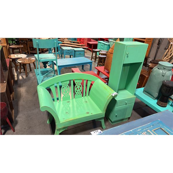 GREEN HARDWOOD 44"W BENCH AND 55"H CABINET