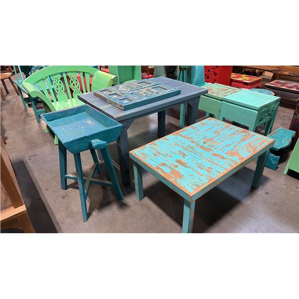 3 ASSORTED BLUE HAND FINISHED TABLES AND DECOR
