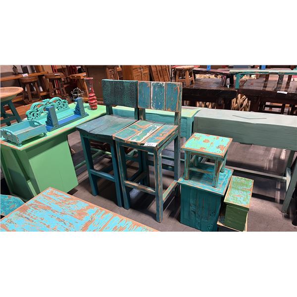 2 HAND FINISHED BARSTOOLS AND MISC. SMALL TABLES