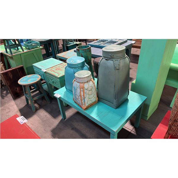 TEAL 40" X 26" COFFEE TABLE AND MISC DECOR