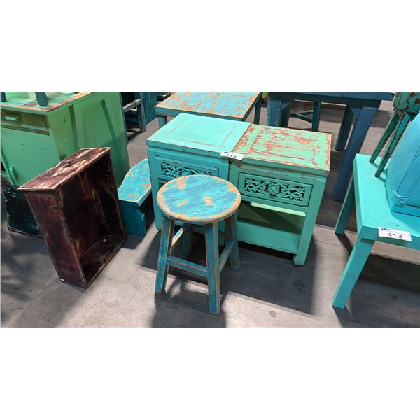 2 SMALL TEAL END TABLES AND ONE SMALL STOOL