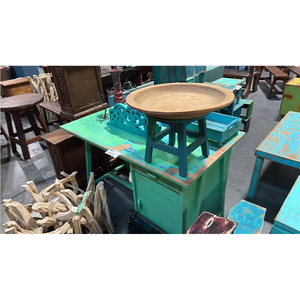 GREEN EXOTIC WOOD DESK 48" X 24" AND MISC DECOR