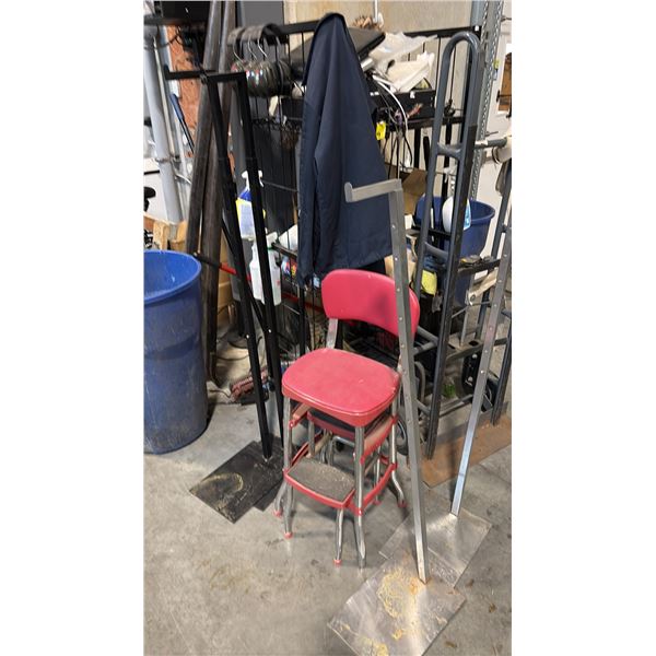 VINTAGE STOOL AND MISC HALL RACKS