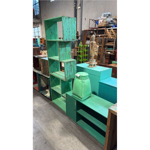 GREEN 78"H SHELVING UNIT 40"W CABINET AND DECOR
