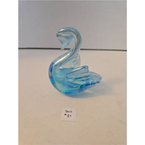 Art Glass Swan Figurine, Blue Iridescent Hand Blown 4 inch Bird