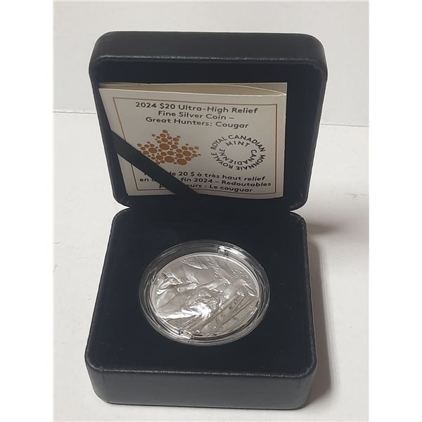 2024 $20 Ultra High Relief Fine Silver Coin - Great Hunters : Cougar - 99.99% - 31.39 Grams.