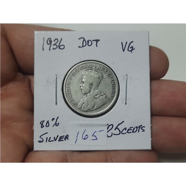 1936 Dot King George 25 Cents Coin.
