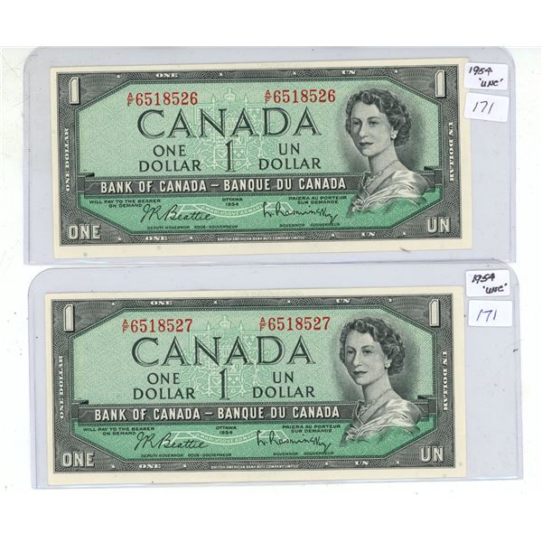 1954 Two Consecutive Numbered Dollar Bills.