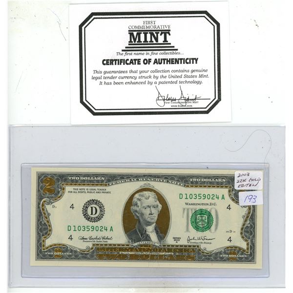 2003 22K Gold Edition $2 Dollar.