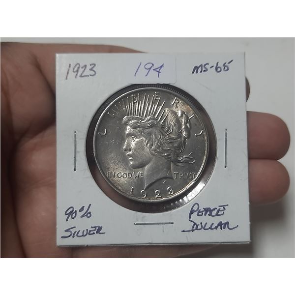 1923 90% Silver Peace Dollar.