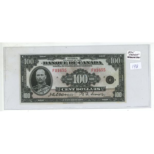 1935 "French" 100 Dollar Reproduction Bill.