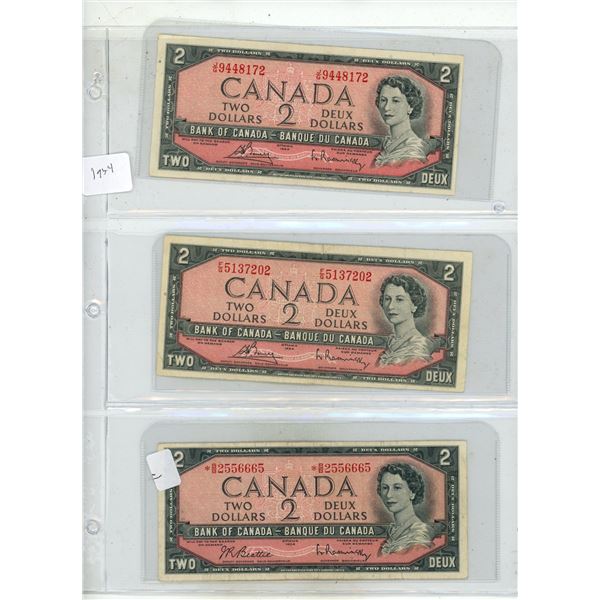 Collection of Bills and Coins  (9) 1954 Two Dollars (1) 1974 Two Dollars (1) 1986 Two Dollars , (6) 