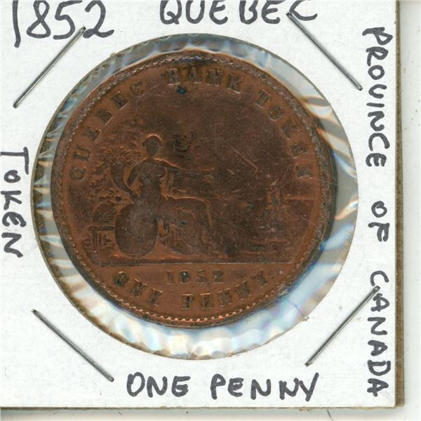 1852 Quebec Province of Canada One Penny Token
