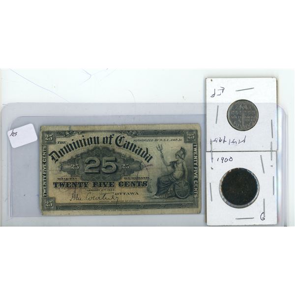 (1) 1900 One Dollar Coins, (1) 1751-1951 Five Cents Coins , (1) 1900 Twenty -Five Cents Bills