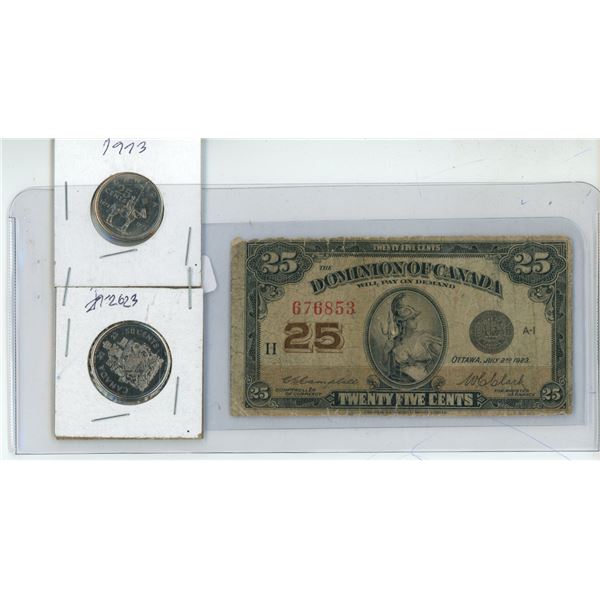 (1) 1973 Twenty Five Cents (1) 2023 Fifty Cents, (1) 1923 Twenty Five Cents Bills