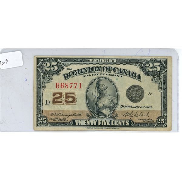 1923 Twenty- Five Cents Dominion Of Canada