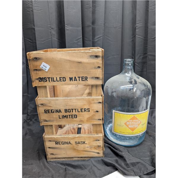 Vintage Glass Water Jug (Tri-Pura Distilled Water w/ Wood Crate) Regina Canada