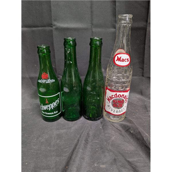 (4) Vintage Pop Bottles (Schweppes, Drewrys, MacDonalds, Etc.)