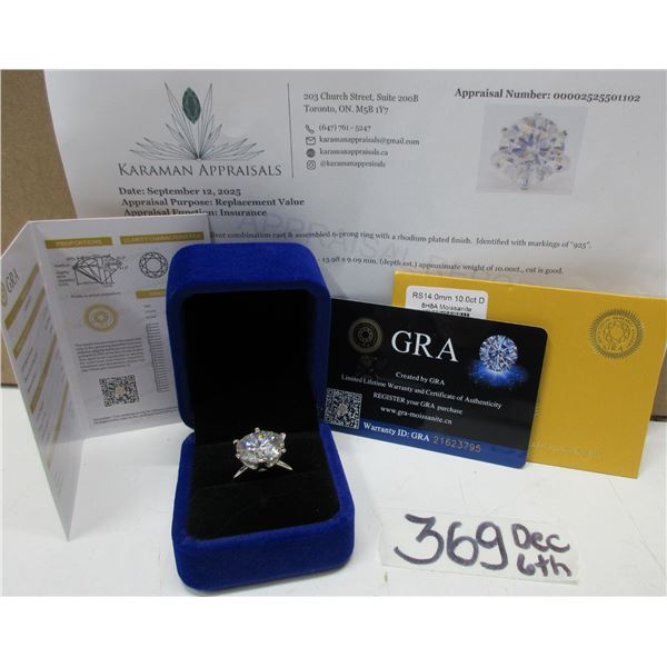 #369-10.00 CT GRA CERTIFIED ROUND BRILLIANT CUT MOISSANITE STONE VVS D COLOR SET IN 6 CLAW HEAD SET 