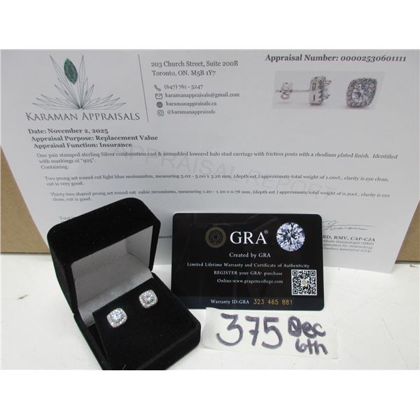 #375-1.00 CT GRA CERTIFIED ROUND BRILLIANT CUT MOISSANITE STONES VVS LIGHT BLUE COLOR WITH 32 ROUND 