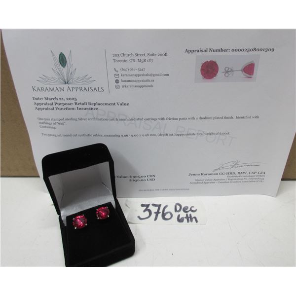 #376-6.00 CT TW ROUND BRILLIANT CUT SYNTHETIC RUBIES SET IN A V SHAPED BASKET HEADS SET IN 925 SILVE