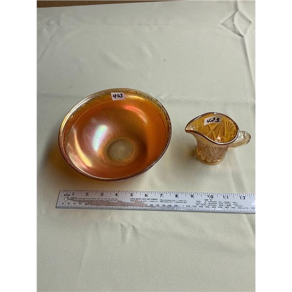 Carnival glass bowl and creamer