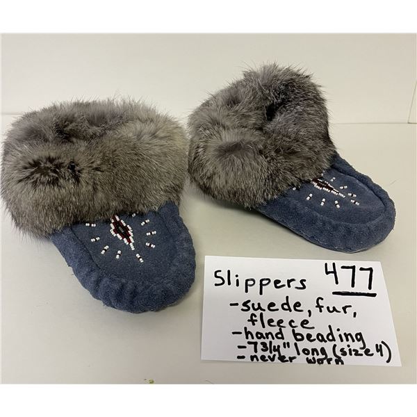 Hand-Beaded Slippers. Never worn. Suede, fur, fleece. 7 ¾” L