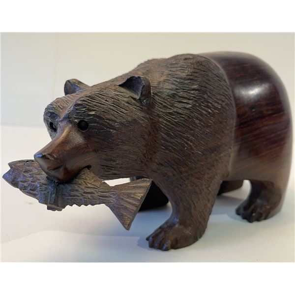 Ironwood Grizzly Bear with Salmon, hand-carved