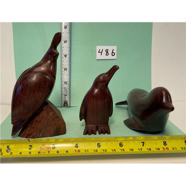 Ironwood Quail, Penguin & Seal carved sculptures (3)