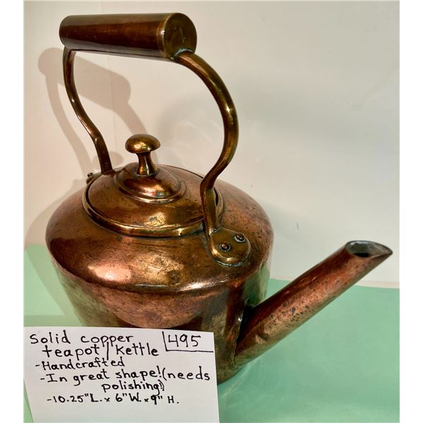 Solid copper teapot. Handcrafted.