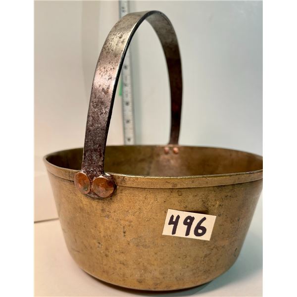 Brass pot with steel handle & copper rivets. Hand-forged. Heavy.