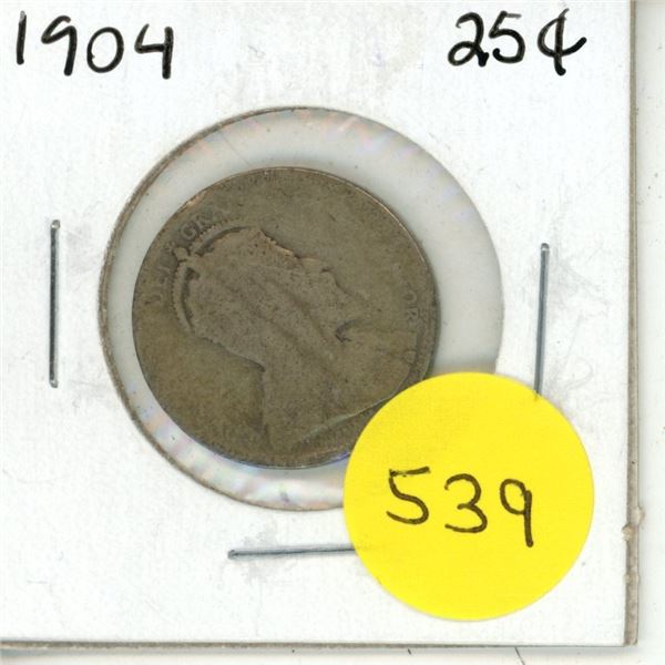 1904 Canada Silver 25 Cents Coin.