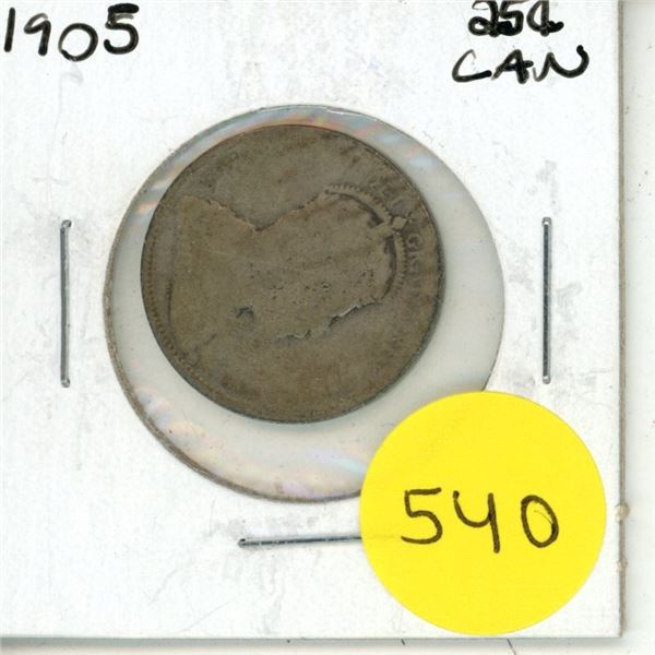 1905 Canada Silver 25 Cents Coin.