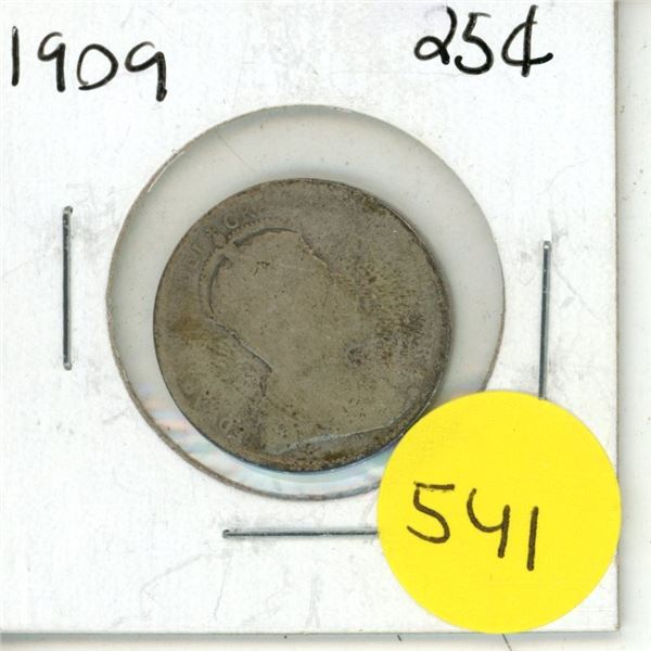 1909 Canada Silver 25 Cents Coin.