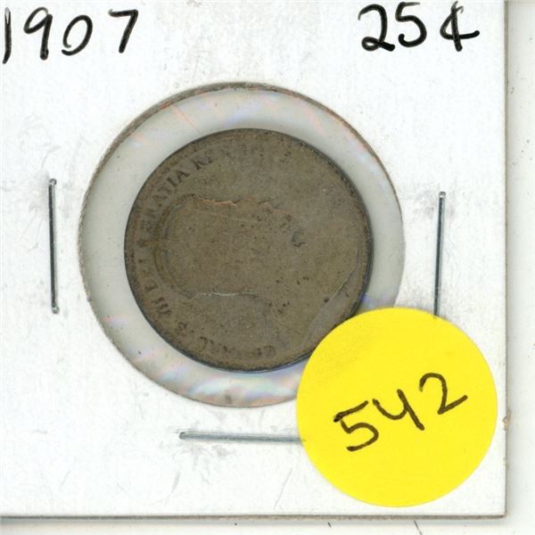 1907 Canada Silver 25 Cents Coin.