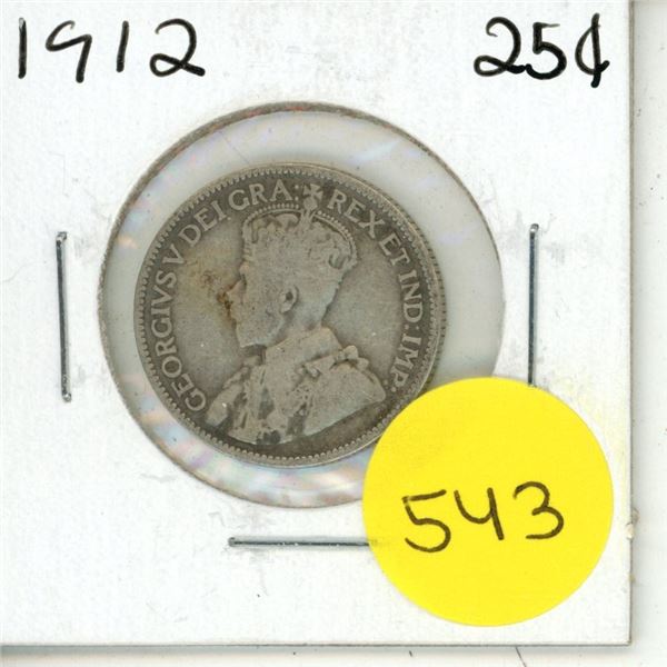 1912 Canada Silver 25 Cents Coin.