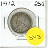 Image 1 : 1912 Canada Silver 25 Cents Coin.
