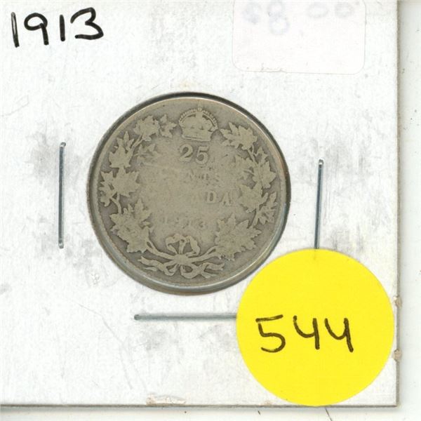 1913 Canada Silver 25 Cents Coin.