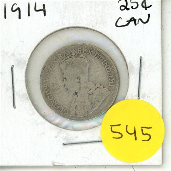 1914 Canada Silver 25 Cents Coin.