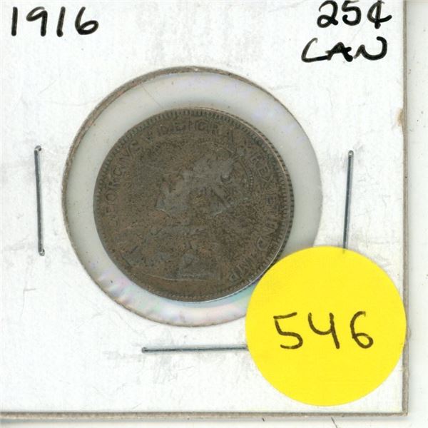 1916 Canada Silver 25 Cents Coin.
