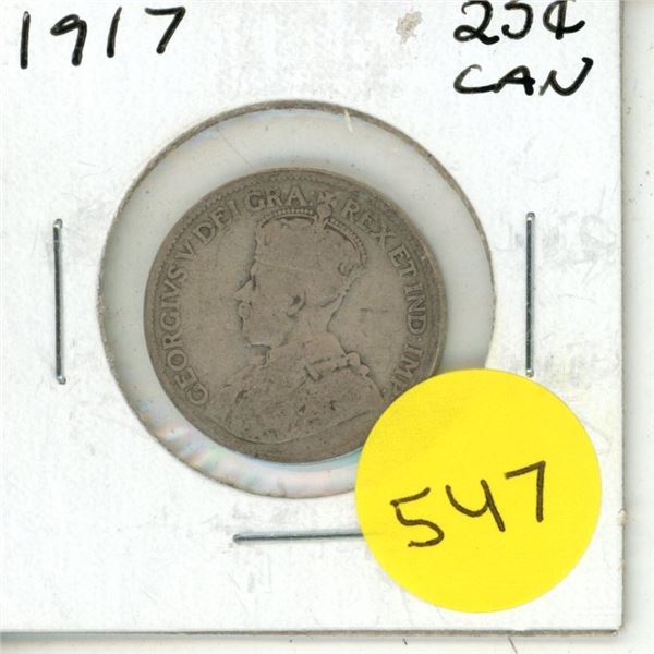 1917 Canada Silver 25 Cents Coin.