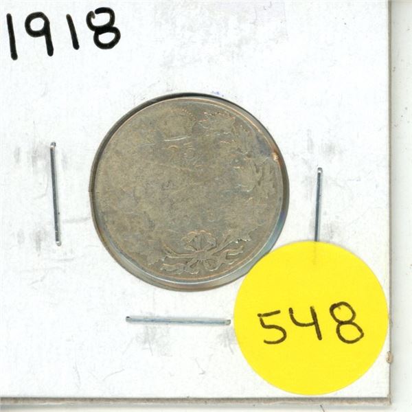 1918 Canada Silver 25 Cents Coin.