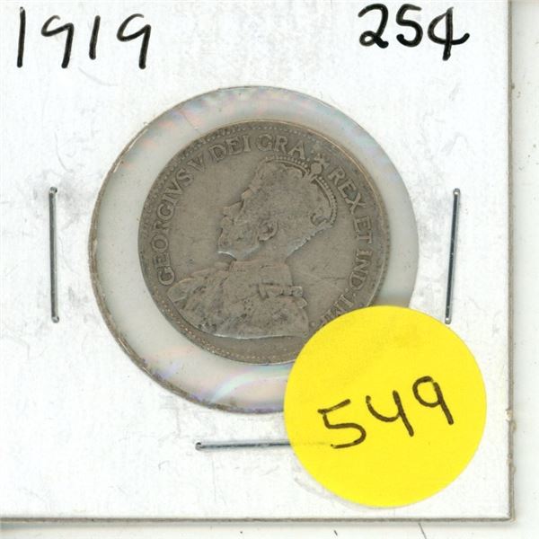 1919 Canada Silver 25 Cents Coin.
