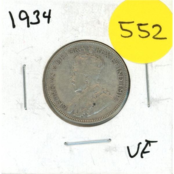1934 Canada Silver 25 Cents Coin.
