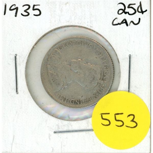 1935 Canada Silver 25 Cents Coin.