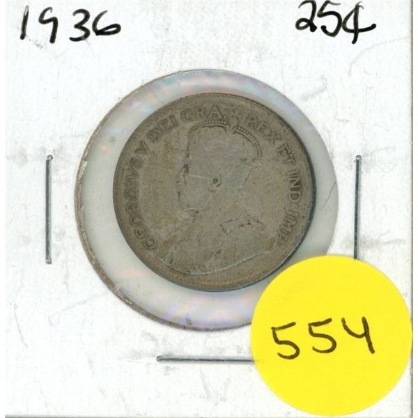 1936 Canada Silver 25 Cents Coin.