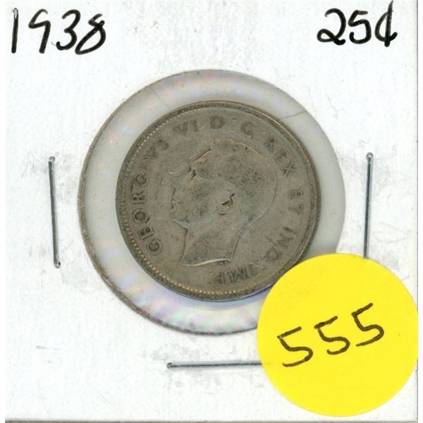 1938 Canada Silver 25 Cents Coin.