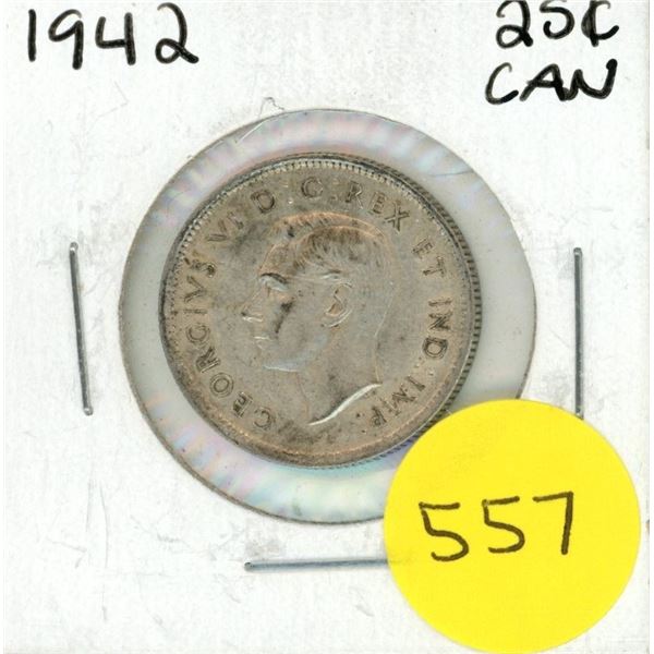 1942 Canada Silver 25 Cents Coin.