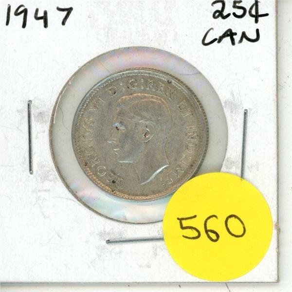 1947 Canada Silver 25 Cents Coin.