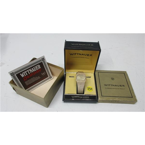VINTAGE WITTNAUER 17J MEN'S, MAN WIND WATCH,  C/W BOX, SOME PAPERS,RUNS